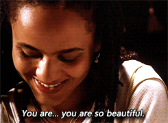 Movie gif. Nicole Ari Parker as Laurel Holloman in The Incredibly True Adventure of Two Girls in Love looks down shyly, shaking her head and smiling. She says, “You are…you are so beautiful.”