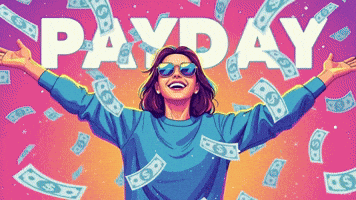 Happy Woman Celebrating Payday with Money Falling 