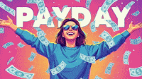 Happy Woman Celebrating Payday with Money Falling 