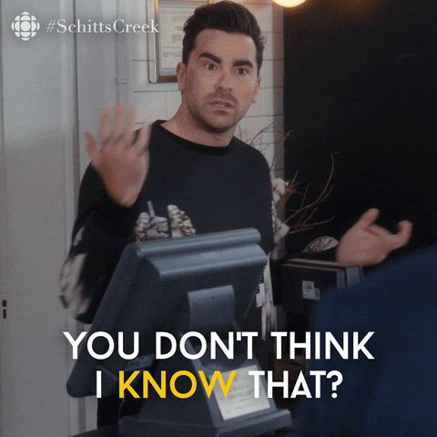 Schitt's Creek gif. Dan Levy as David stands at a service counter, spreading his arms in exasperation as he says to us: Text, "You don't think I know that?"