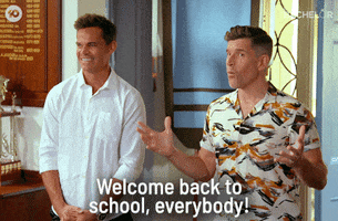 Reality TV gif. Hosts from The Bachelor AU is hyping the men up and they say, "Welcome back to school, everybody!"