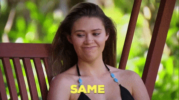 Reality TV gif. Caelynn Miller-Keyes on The Bachelor swings on a canopy swing in a bathing suit. She looks down with her lips pressed in a line as if she’s embarrassed. She says, “same,” and looks up for a reaction.