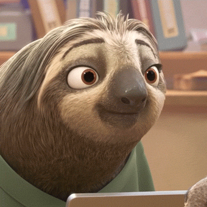 Movie gif. A sloth from Zootopia takes an extra long time to make an extra big smile.