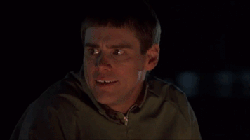 Movie gif. Actor Jim Carrey as Lloyd in Dumb and Dumber sits by a fire and raises his eyebrows in sarcastic agreement as if to say "Yeah, duh!"