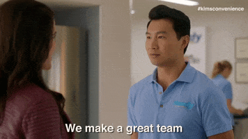 TV gif. Simi Lu as Jung in Kim's Convenience Store. He looks at a woman and cocks his head down in surprise as he says, "We make a great team."