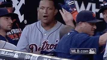 Sports gif. Miguel Cabrera of the Detroit Tigers is stunned with his mouth and eyes open as others in the bullpen high five each other.