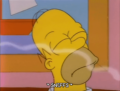 The Simpsons gif. A trail of steam wafts from the kitchen past Homer's face. He tilts his head back in closed-eye ecstasy as he inhales the delicious aroma. 