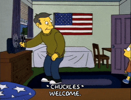 The Simpsons gif. Principal Skinner fiddles with a reel projector antenna as Bart walks into the room; Skinner chuckles and says "welcome," which appears as text.
