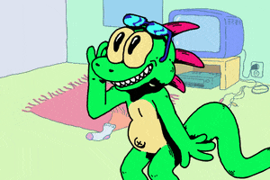 Cartoon gif. Green lizard in a messy living room grins and waves. Speech bubble reads "hi."