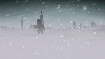 South Park gif. A character from South Park is trekking towards us in a snow filled land. Snow continues to pour around him and the entire city is heavily blanketed.