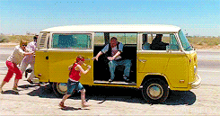 A gif from Little Miss Sunshine, the family running to jump in the van