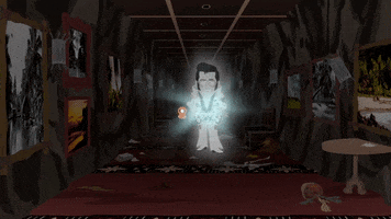 South Park gif. Glowing ghost of Elvis walks down a hallway towards us, pointing to one side and then the other as Kenny trails behind him. Text, in brackets, "Mumbles gibberish."