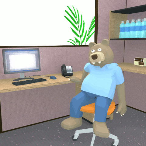 Illustrated gif. A buck-toothed bear in a blue polo shirt spins in circles in an office chair with a dazed expression on his face. He pushes off a desk each time he circles around in his tidy cubicle.