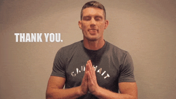 Video gif. Stephen Thompson of the UFC holds his palms together at his chest and bows as he says, "Thank you."
