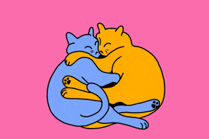Digital art gif. Two cats, one blue and one orange, are hugging face to face and their tails lazily wag in comfort while hearts pop out between them.