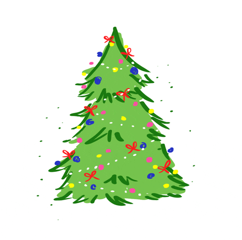 Illustrated gif. Flashy green Christmas tree decorated with twinkling blue, yellow, red, and pink lights, ornaments, and bows.