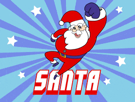Digital art gif. Anime-inspired cartoon suit up sequence for Santa Claus in 4 parts. First part shows Santa putting on an indigo-colored glove then turning his palm to face us to make a fist against a moving Christmas sweater-themed background. Second part shows Santa fastening a belt and gold buckle over his bulging belly. Third part shows a close-up of Santa’s mouth taking a bite into a cookie that leaves crumbs on his mustache. Fourth part shows Santa jumping into a superhero-like pose with his left fist raised and an exaggerated smile, surrounded by gleaming white stars with blue trails. White text with a red outline reads “SANTA."