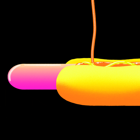 Digital art gif. Neon-pink hot dog wiggles up and down out the edge of a bun as ketchup streams onto the bun from above.
