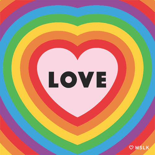 Text gif. Inside of endlessly pulsing rainbow-colored hearts is the continuous message, “Love is Love.”