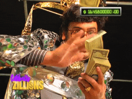 TV gif. Eric Wareheim in the Tim and Eric Awesome Show, Great Job! He grips a stack of one dollar bills and makes it rain while a digital cash counter in the corner continues to get bigger. 
