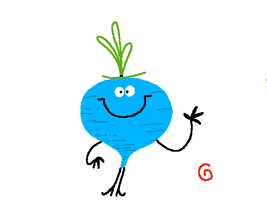 Illustrated gif. Bulb-shaped blue root vegetable smiles and waves at us, then sways to the side and lifts his leafy green hat to greet another. Speech bubble pops up, "hi!"