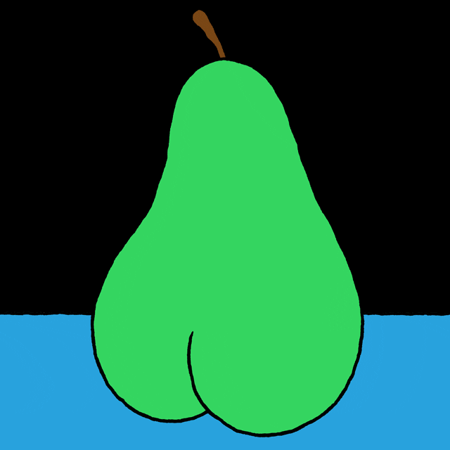 Cartoon gif. We see the backside of a pear with a large butt, it looks over its shoulder at us and gives a flirty wink.