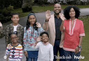 TV gif. The Johnson family, including Yara Shahidi as Zoey, Marsai Martin as Diane, Miles Brown as Jack, Marcus Scribner as Andre Jr, Anthony Anderson as Dre, and Yara Shahidi as Zoey, wave at us from their front yard.