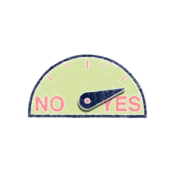 Illustrated gif. A meter reads "No" on one side and "Yes" on the other. The gauge hovers on the yes side, before abruptly landing on the no side. 
