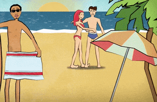 Music video gif. From Pell's video for Show Out, animated beach scene with a barracuda reaching up and tugging on a woman's bathing suit bottoms, while the man next to her frowns.