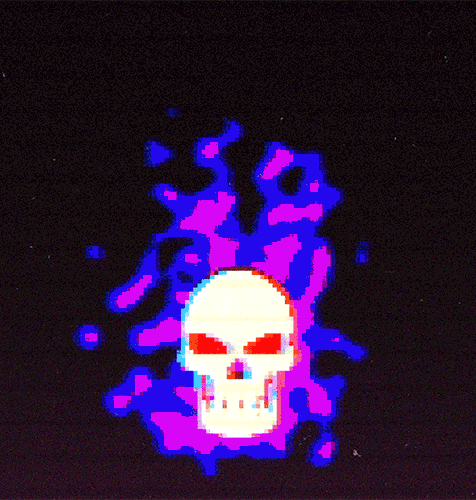 Video game gif. Glowing sinister skull floats up and down, cackling as blue and purple mist rises around him in an 8-bit game.
