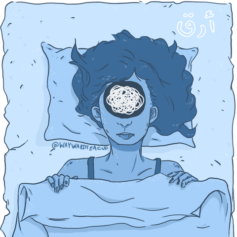 An animated gif illustration. It shows a woman lying in bed, and over her head, as if an x-ray into her brain, there is a scribbly, wriggling line of anxiety.