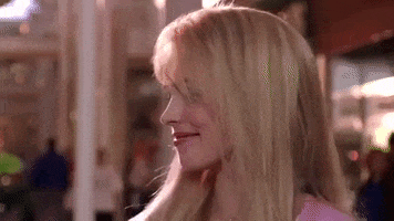 Movie gif. Rachel McAdams as Regina in Mean Girls smiles and looks down before flipping her head and walking away. 