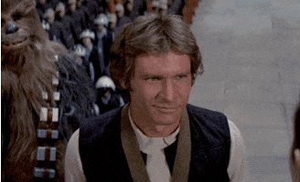 Star Wars gif. Harrison Ford as Han Solo. He smirks at someone and winks slyly as Chewbacca stands in the background.