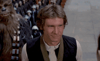 Star Wars gif. Harrison Ford as Han Solo. He smirks at someone and winks slyly as Chewbacca stands in the background.