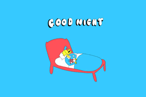Illustrated gif. Yellow man in blue pajamas has a face shaped like the whole body of a small dog. The man is laying in bed with an eye mask over his eyes and his dog mouth opening and closing like he’s snoring or yawning. Text, “Good night.”