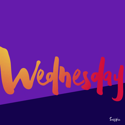 Text gif. The word, "Wednesday," wiggles against a split purple and violet background.