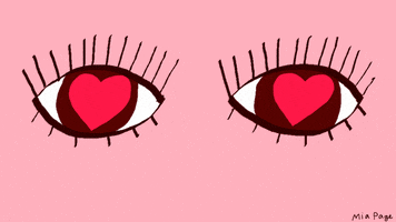 Illustrated gif. Hearts beat inside two swooning eyes with large eyelashes against a pink background.