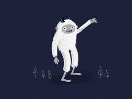 Illustrated gif. Yeti with long legs and arms towers over trees. He wears a top hat and smiles at us, waving enthusiastically with his noodle-like arm.