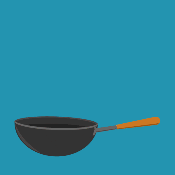Cartoon gif. A wok tosses a handful of vegetables into the air, catching them again in an endless loop. 