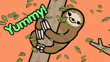 Digital art gif. A smiling sloth is holding onto a tree while leaves fall down and the text reads, "Yummy!"