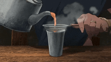 Cartoon gif. Close-up of someone steeping tea, pouring water from a kettle into a cup as steam whiffs away, from DC Comics' Batman.