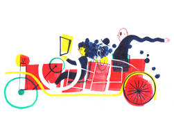 Illustrated gif. Long red antique-looking car, with two passengers and driven by a blue curly-haired person, loops in a u-turn around the frame.