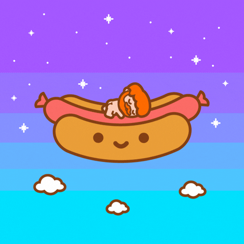 Kawaii gif. Small butt naked man with red hair and bread lays on his stomach, asleep, on top of a large smiling hot dog that is floating in a starry night sky.
