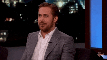 Celebrity gif. Ryan Gosling is at a loss for words on Jimmy Kimmel Live, as he shrugs and blinks rapidly in confusion.