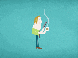 Illustrated gif. A man enjoys a cup of coffee and looks at his phone for a moment until office desks crowd in, papers fly everywhere, and people scurry past him.