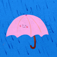 Animated pink umbrella smiling with rain falling.