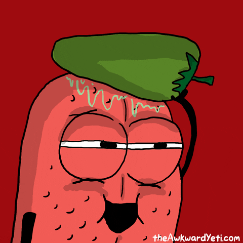 Illustrated gif. A Tongue with a face and arms rubs a jalapeno pepper on its forehead. The pepper creates sweat on the tongue’s head. It has a devilish smile on its face. 