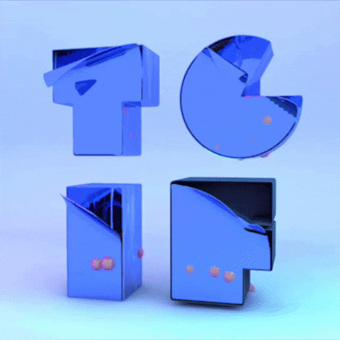 Text gif. Blue box-shaped letters, stacked two by two, read "TGIF," and shiny pink beads burst out of the box-letters' open corners.