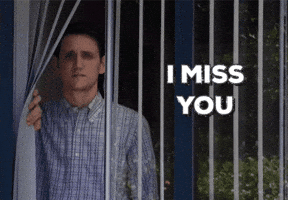TV gif. Zach Woods as Jared in Silicon Valley holds back window blinds and gazes out with a morose look. Text, "I miss you." 