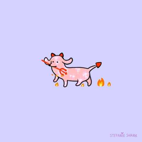 Kawaii gif. A dachshund in a devil costume is strutting through the gif with a pitchfork in its mouth. It leaves a trail of fire with each paw step.